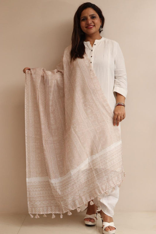LUXURION WORLD - Cream Digital Printed Chanderi Dupatta with Handcrafted Tassels – Traditional Wear for Women, Lightweight & Elegant - Luxurion World