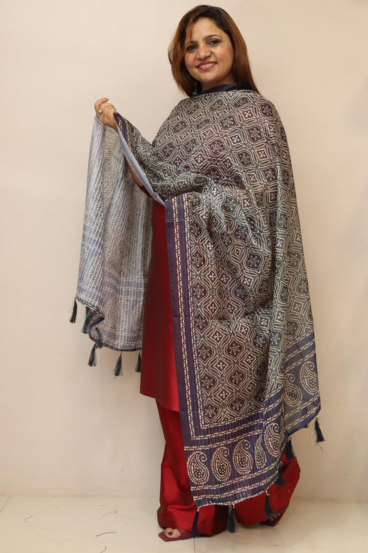 Chic Maroon Digital Printed Chanderi Ajrakh Design Dupatta with Tassels for Ethnic Wear and Festivals