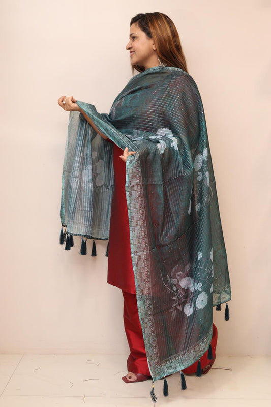 Blue Digital Printed Chanderi Dupatta