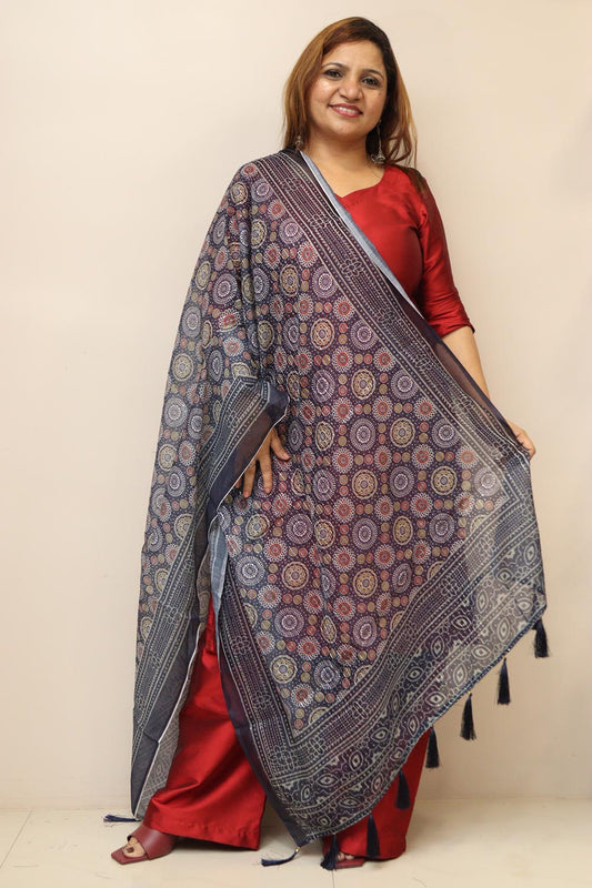 Blue Digital Printed Chanderi Ajrakh Design Dupatta