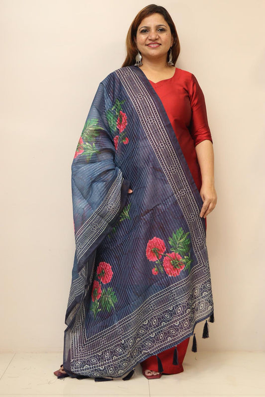 Blue Digital Printed Chanderi Flower Design Dupatta