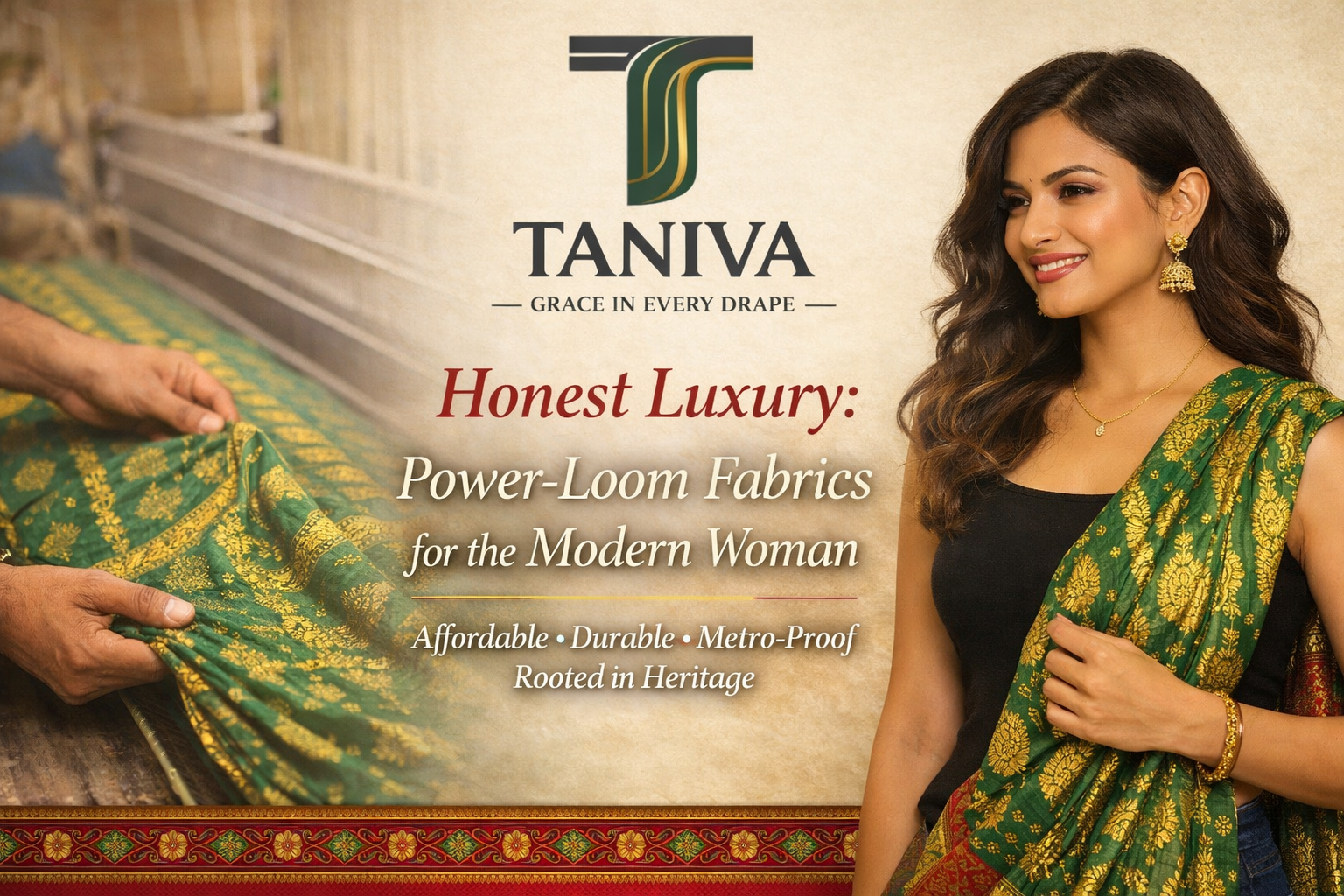 Artisan weaving green‑gold fabric beside modern woman wearing powerloom made Taniva dupatta gracefully.