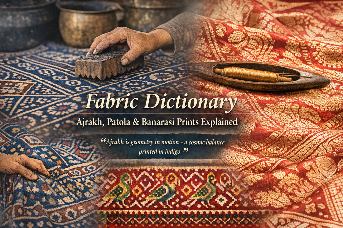 Collage showing Ajrakh, Patola, and Banarasi fabrics with central title text.