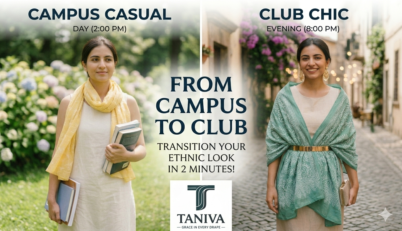 Campus to Club 2-minute ethnic transition: from garden books to evening chic.