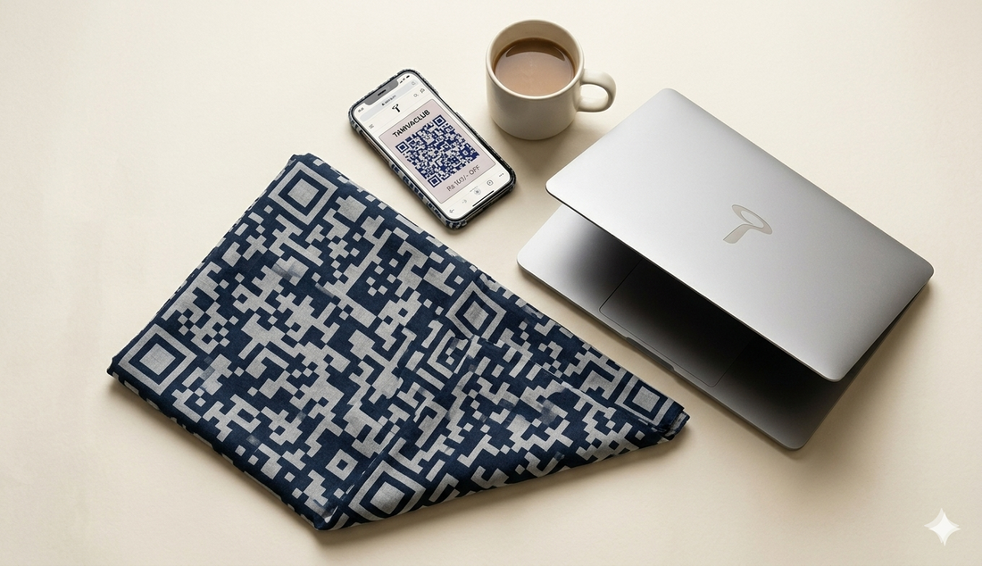 A flat-lay of a Taniva geometric print stole paired with a modern laptop, a smartphone showing a 2026 fashion app, and a cup of coffee, set against a minimalist cream background to represent the Heritage Remix aesthetic.