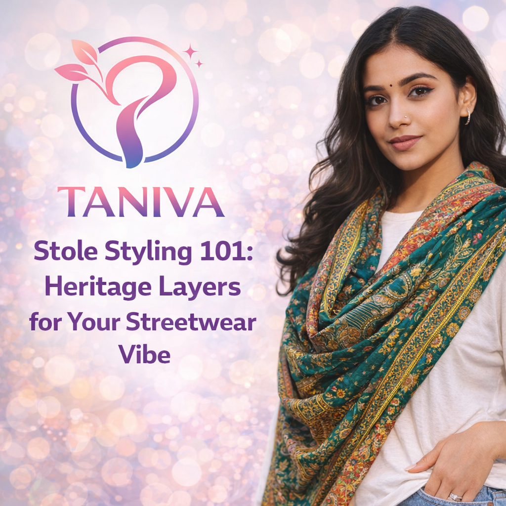 Young woman in patterned stole, TANIVA logo, and blog title on soft pastel bokeh background.