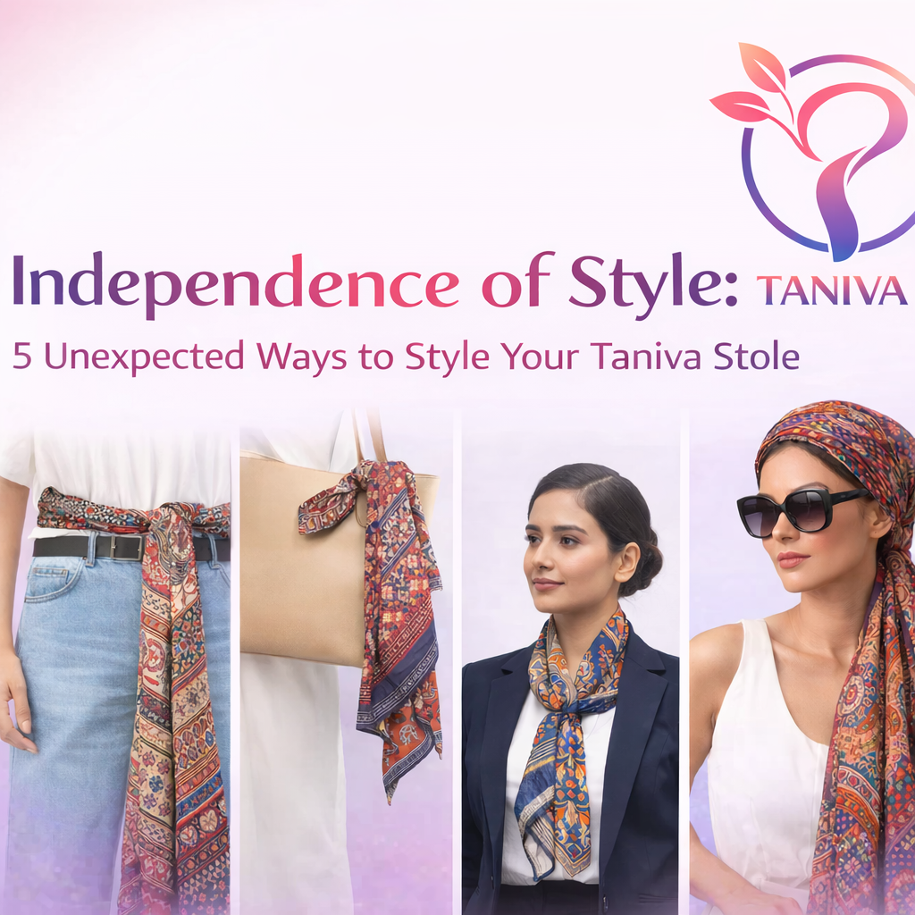 Women styling a colorful Taniva stole as belt, bag, scarf, headwrap.