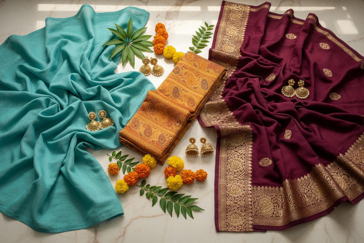 Transitioning ethnic wardrobe from monsoon to festive season — linen to Georgette sarees and silk stoles by Taniva
