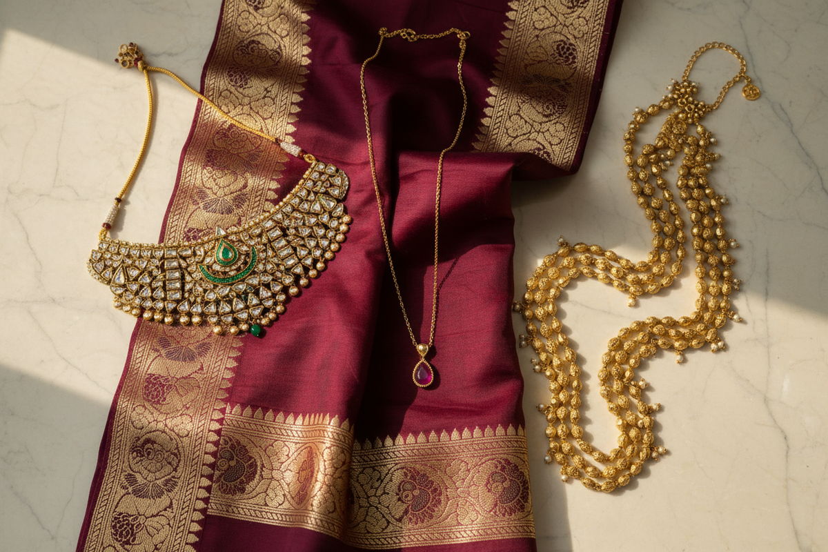 Necklace styling guide — how to layer and pair gold necklaces with ethnic wear and Banarasi dupattas by Taniva