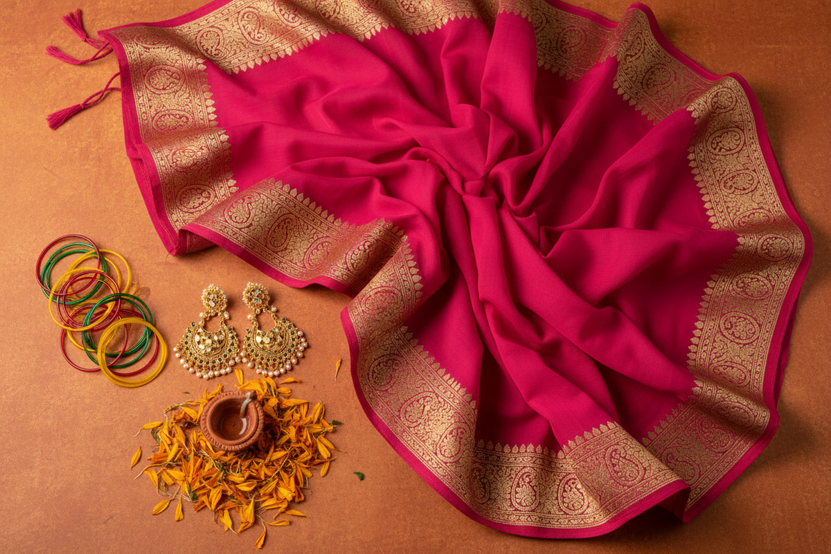 Navratri Garba night outfit ideas — fuchsia Georgette saree, colourful bangles and gold jhumkas by Taniva