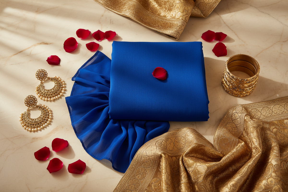 How to style a saree for a wedding — royal blue Georgette saree, chandbali earrings and gold bangles by Taniva
