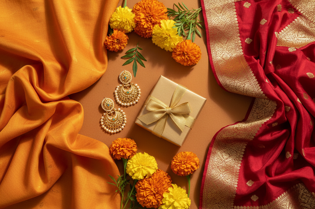 Dussehra 2026 ethnic gift ideas — saffron stole, red Banarasi dupatta and gift box by Taniva
