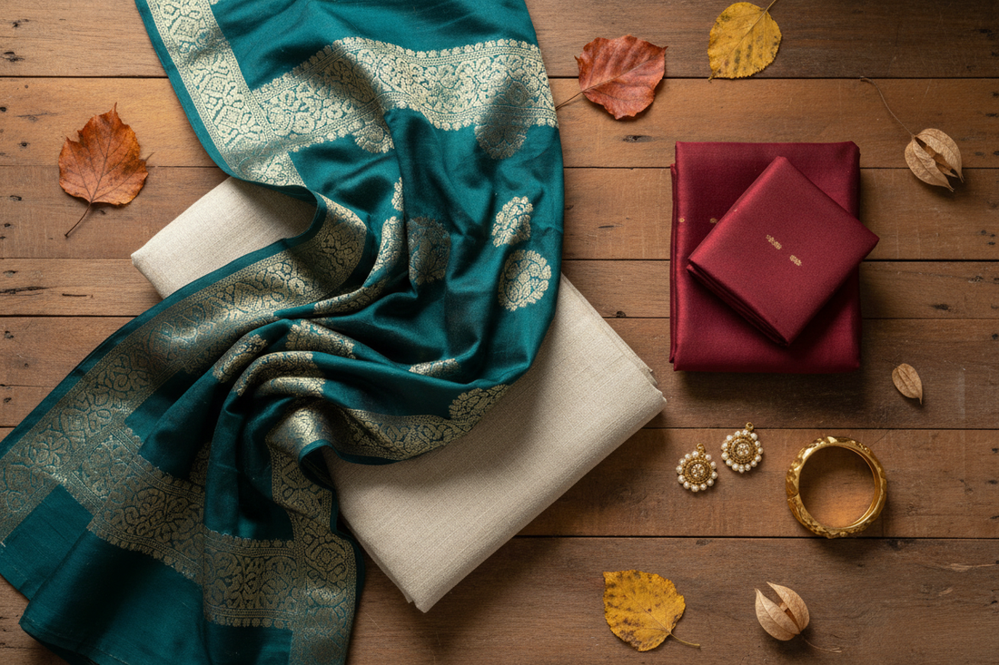 Autumn winter ethnic wear layering guide — teal Banarasi dupatta and burgundy silk stole by Taniva
