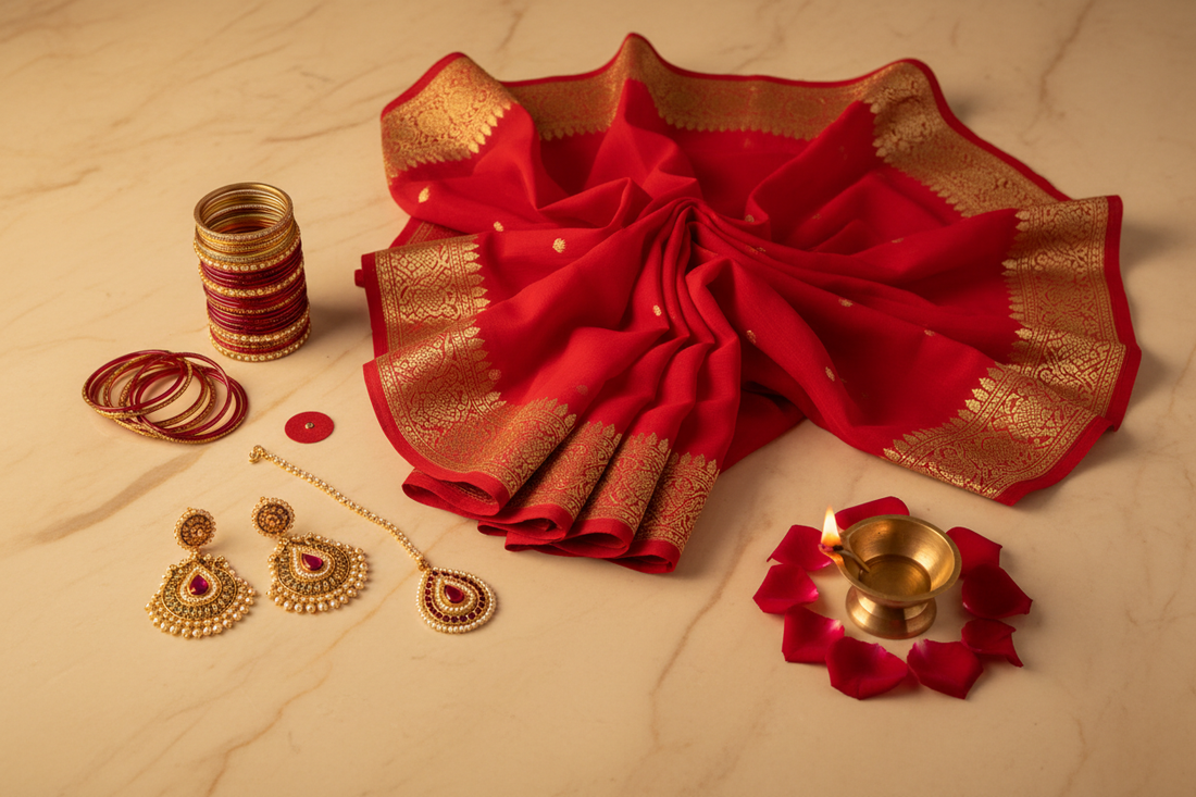 Karwa Chauth Solah Shringar guide — red saree, chandbali earrings, red bangles and maang tikka by Taniva