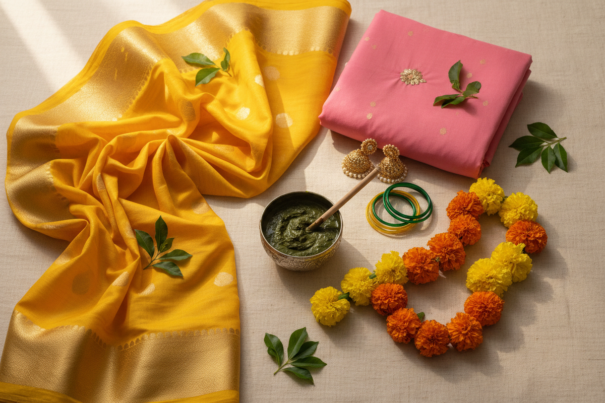 Ethnic wear for Mehendi ceremony — yellow Chanderi dupatta, pink saree and gold jhumkas by Taniva