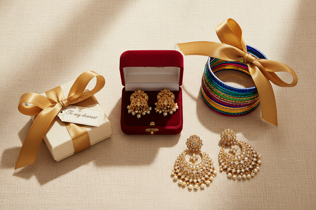 Jewellery gifting guide — gold jhumkas, chandbali earrings and bangles as gifts by Taniva
