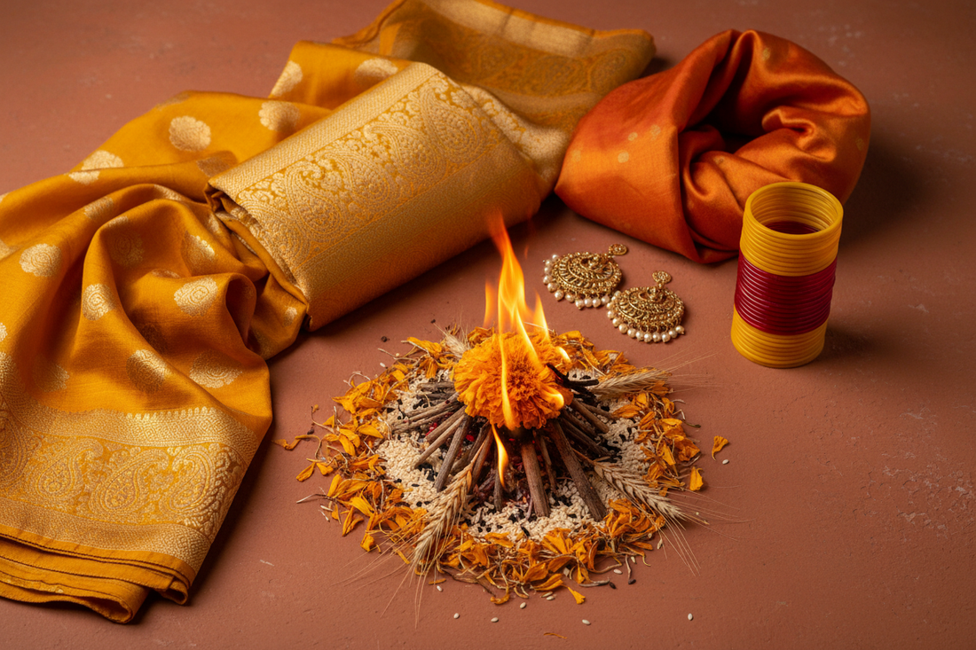 Lohri 2027 traditional Punjabi outfit ideas — mustard dupatta, orange stole and gold jewellery by Taniva