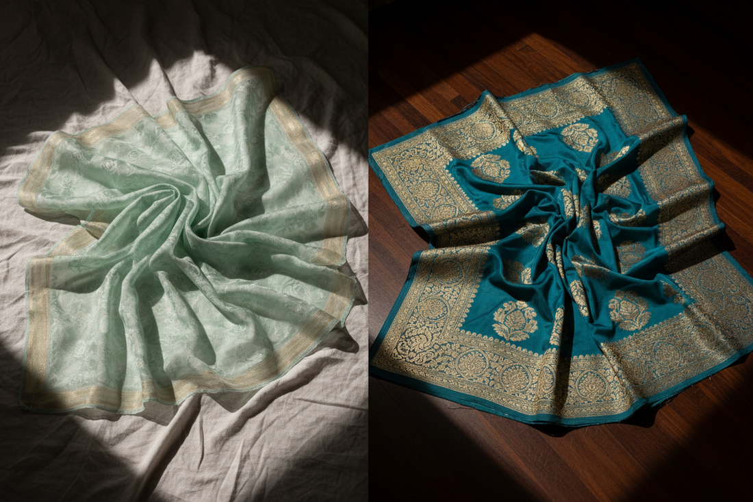 Chanderi dupatta vs Banarasi silk dupatta comparison — mint green Chanderi beside teal Banarasi with golden zari border by Taniva