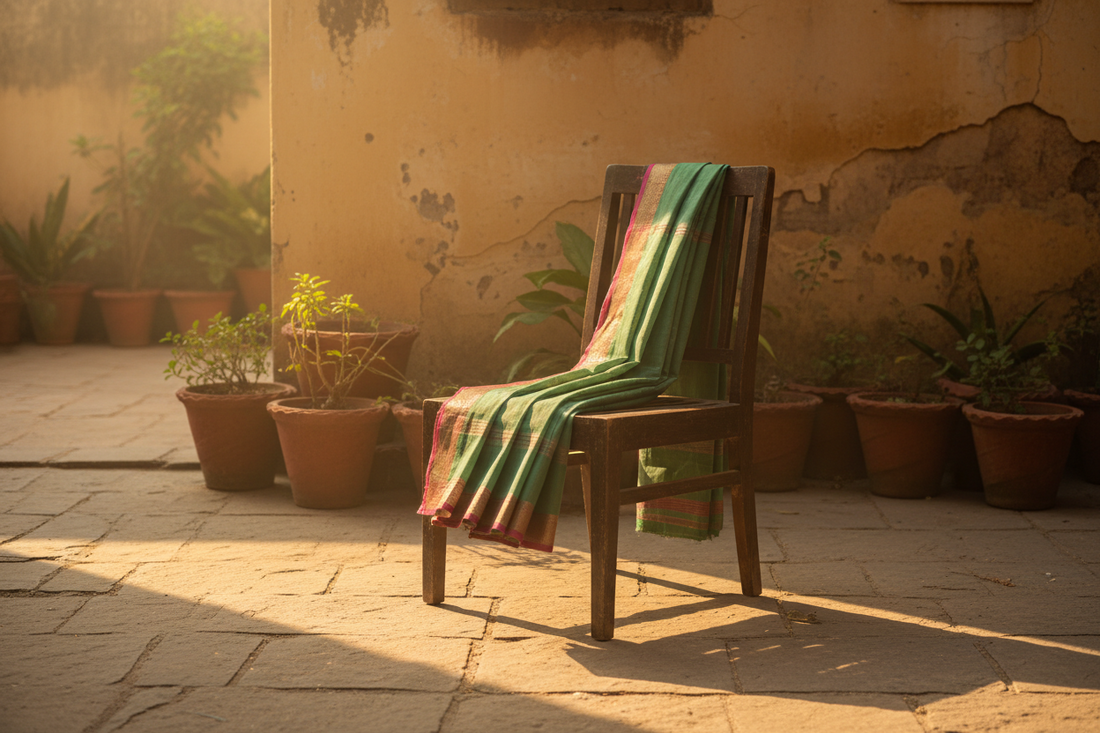Best sarees under ₹500 in India — green Bengal cotton saree with red border in a sunlit Indian courtyard by Taniva