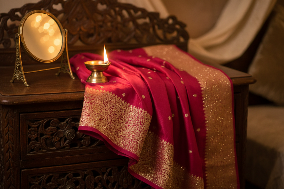Pink Banarasi silk dupatta with golden zari border draped over antique wooden dresser with brass diya — by Taniva