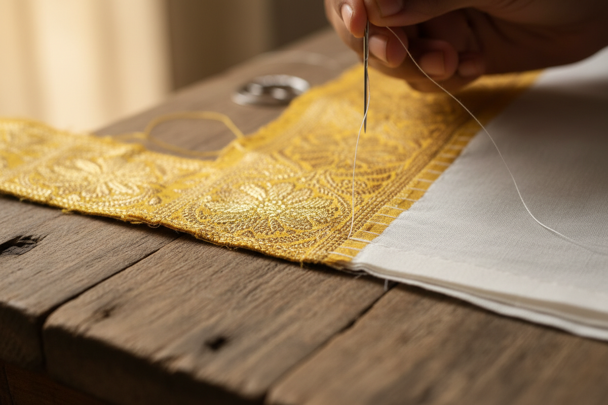 Yellow Banarasi border lace being hand-stitched onto white cotton saree hem — DIY ethnic craft by Taniva