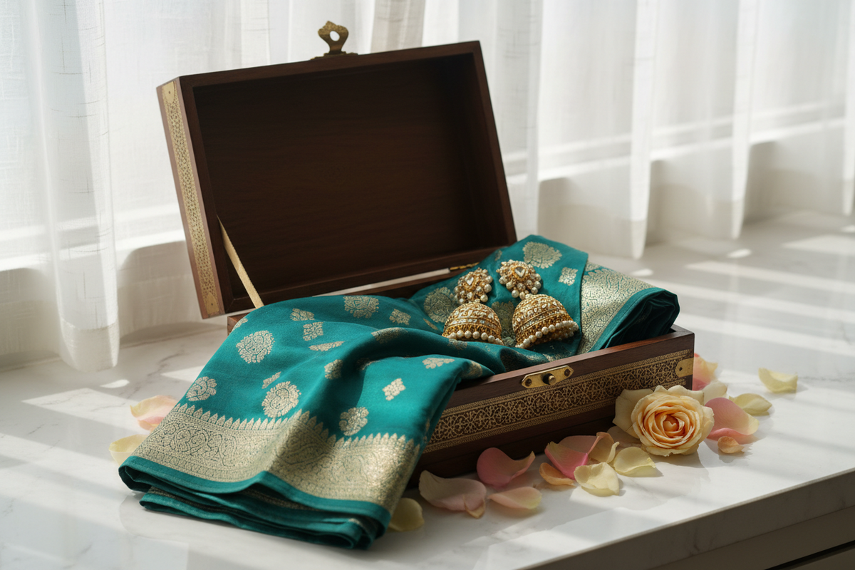 Ethnic gift box with teal Banarasi dupatta and gold jhumkas on marble windowsill with rose petals — Taniva Signature Gift Box