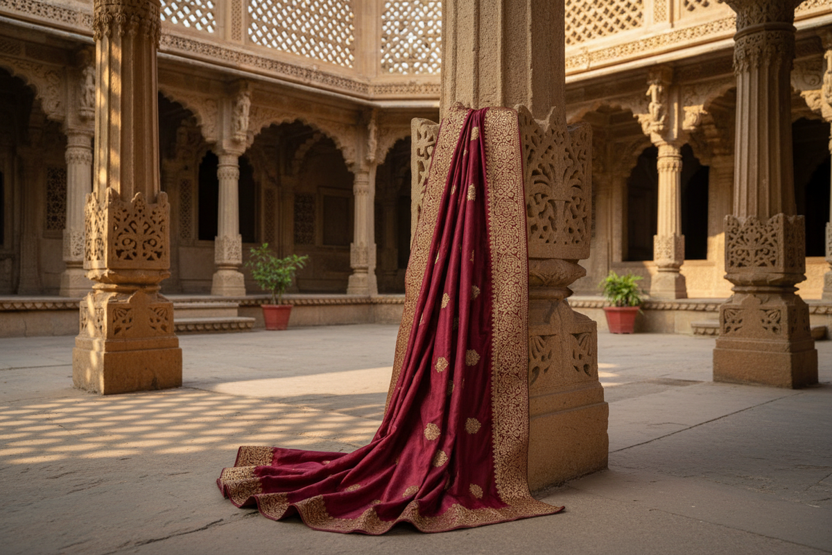 Maroon Banarasi silk dupatta with golden zari border draped over carved stone pillar in Indian haveli courtyard — by Taniva