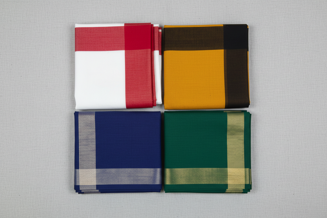 Bengal cotton saree colour guide — white red border, mustard black border, indigo white border, green gold border by Taniva