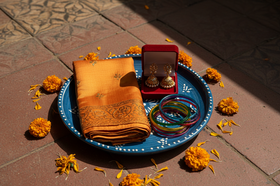Ethnic gifts under ₹500 — saffron silk stole, gold jhumkas and glass bangles on blue pottery plate with marigolds by Taniva