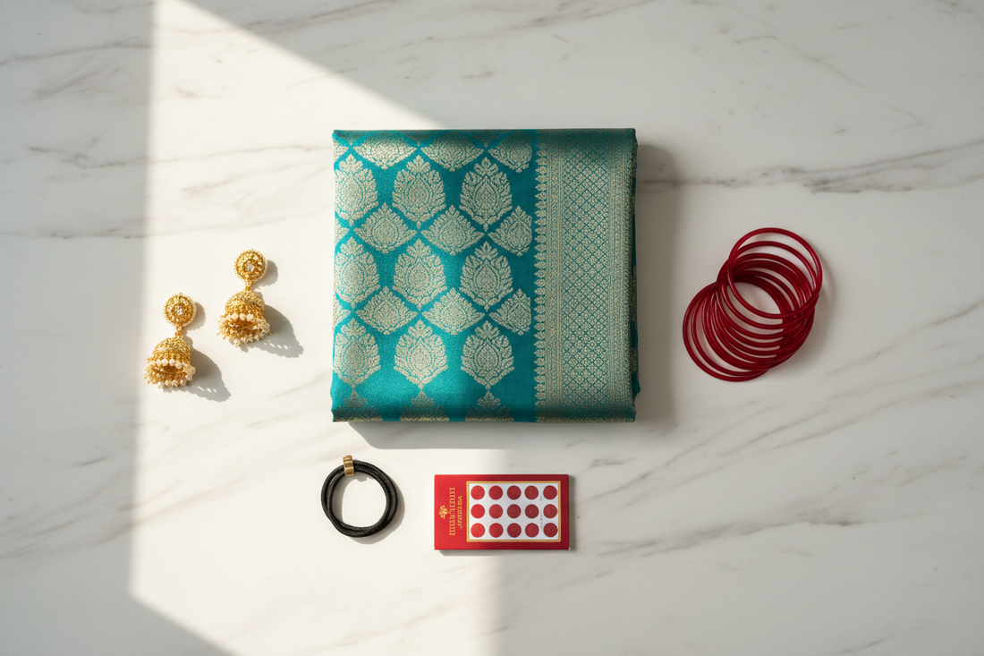 The 10-minute ethnic kit flat lay — teal Banarasi dupatta, gold jhumkas, red glass bangles and bindi on white marble by Taniva