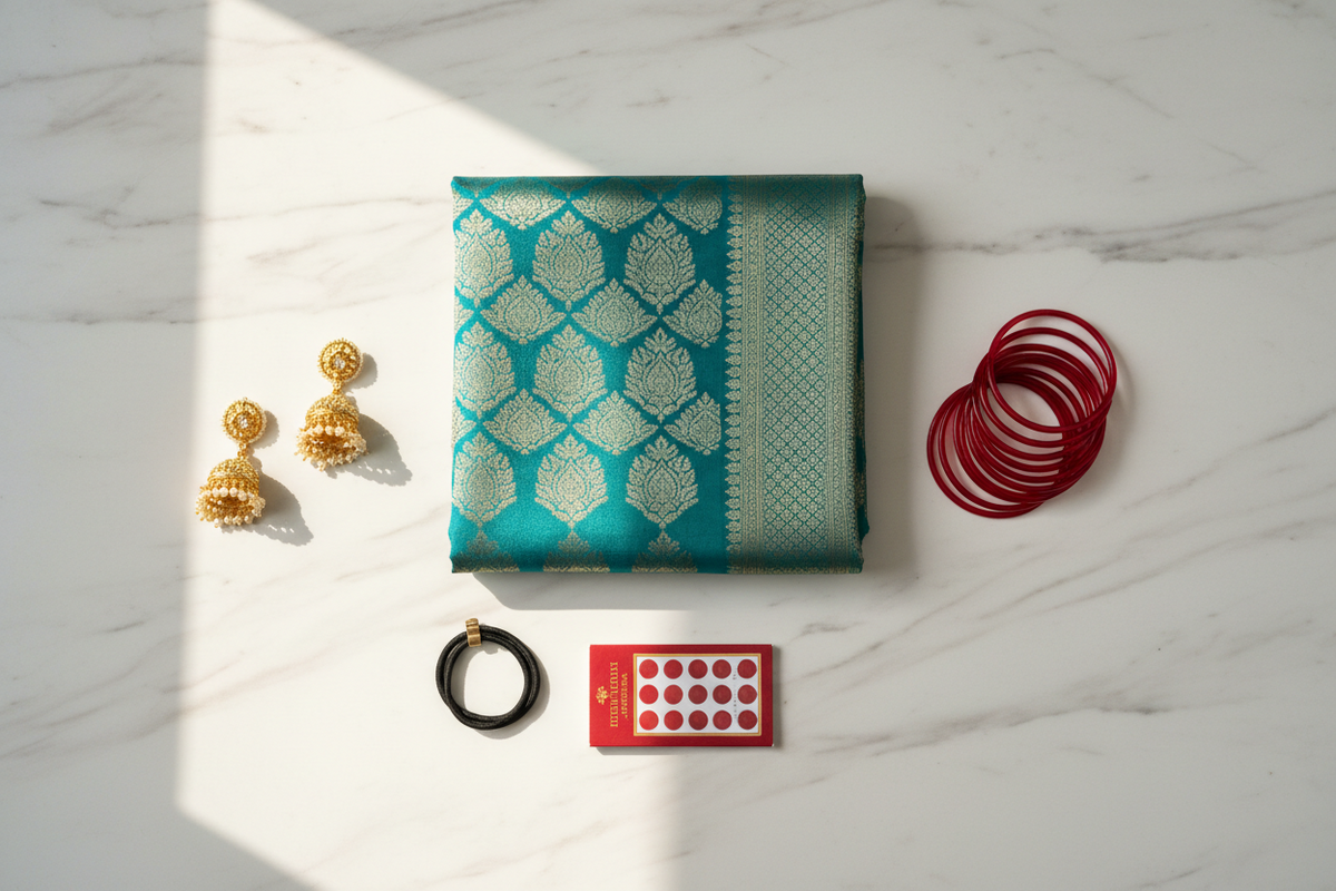The 10-minute ethnic kit flat lay — teal Banarasi dupatta, gold jhumkas, red glass bangles and bindi on white marble by Taniva
