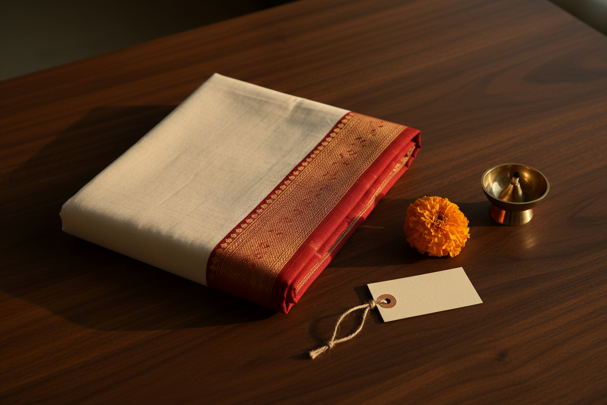 Why Taniva — white Bengal cotton saree with red woven border on walnut wood with marigold and brass diya — premium Indian ethnic wear
