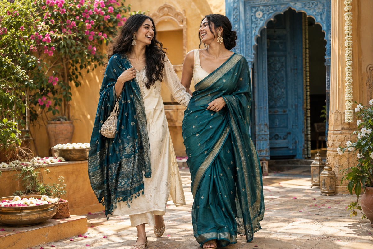 Two friends walking through a festive courtyard, one in a cream kurta with a teal dupatta and the other in a teal saree.