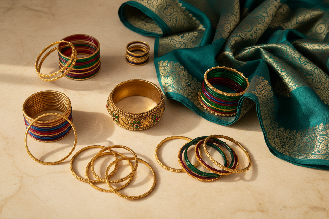 Bangle styling guide — how to stack and pair gold, glass and metal bangles with ethnic wear by Taniva