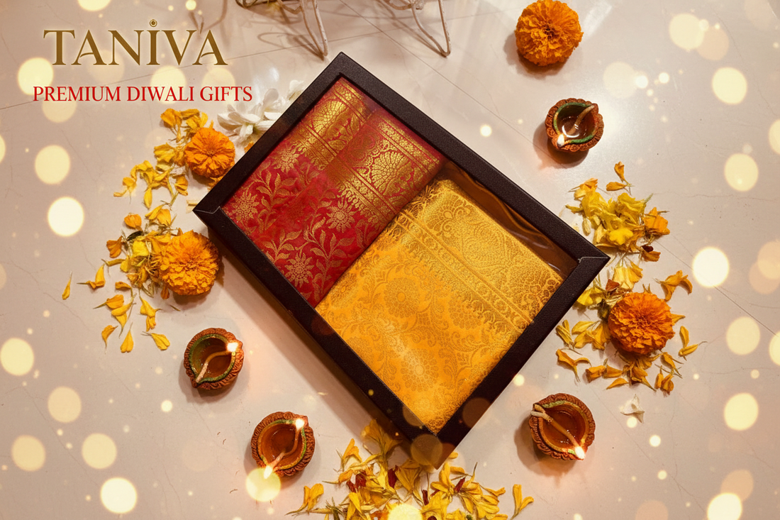 Festive Diwali gift box with silk stole, diyas and marigolds — Taniva
