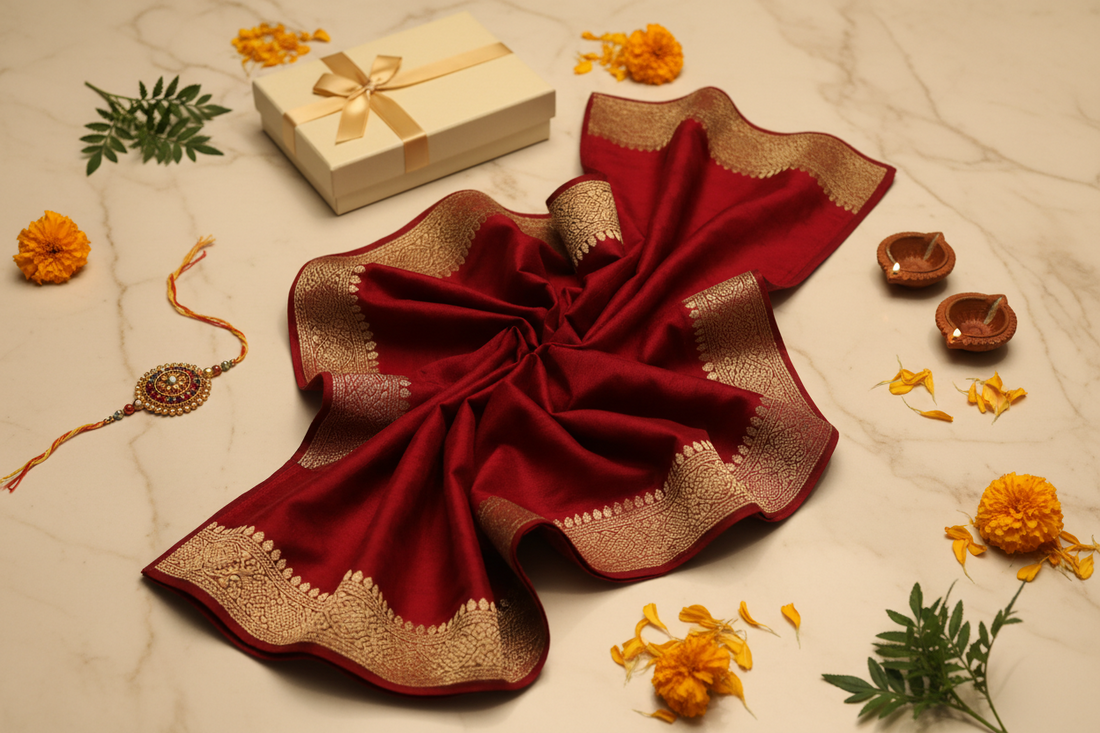 Raksha Bandhan gift ideas — handloom-inspired silk dupatta and ethnic gift box by Taniva