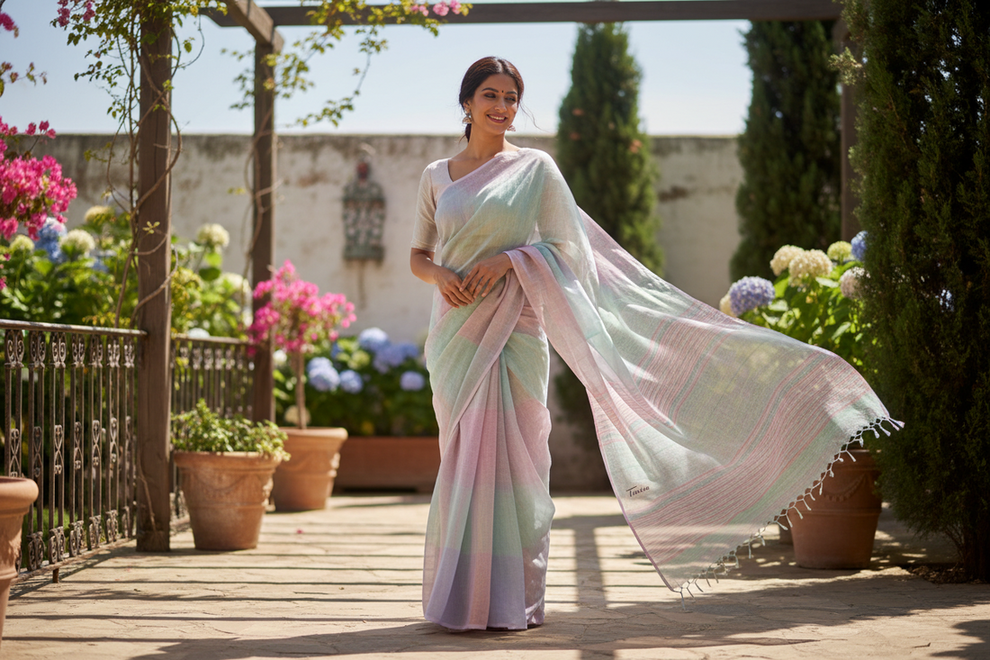 A woman walking outdoors in a lightweight, pastel-shaded summer linen saree.