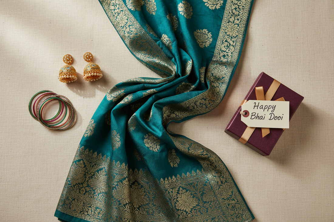 Bhai Dooj 2026 gift ideas for sister — Banarasi dupatta, gold jhumkas, bangles and gift box by Taniva