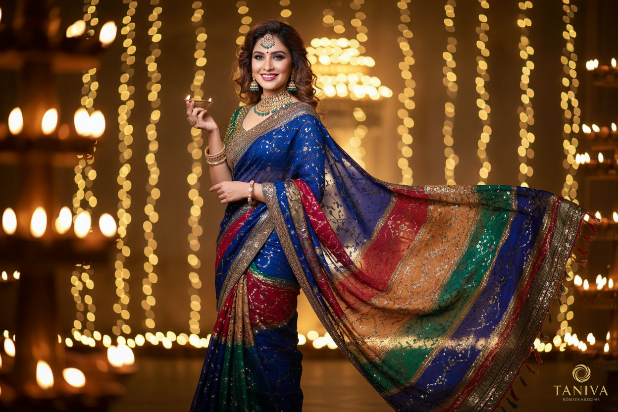 Happy Woman in a glamorous blue georgette saree with festive lighting.