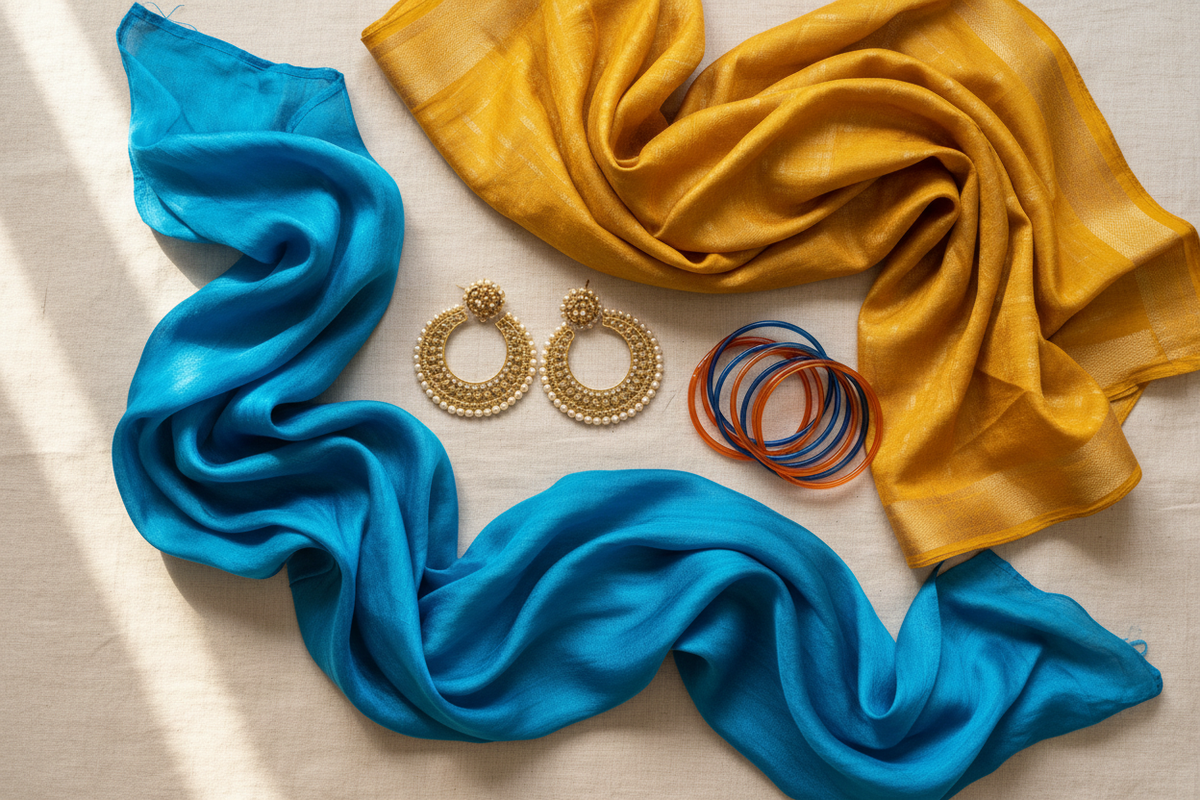 Ethnic wear and jewellery for college fests — silk stole, jhumkas and bangles for a stunning Indian look by Taniva
