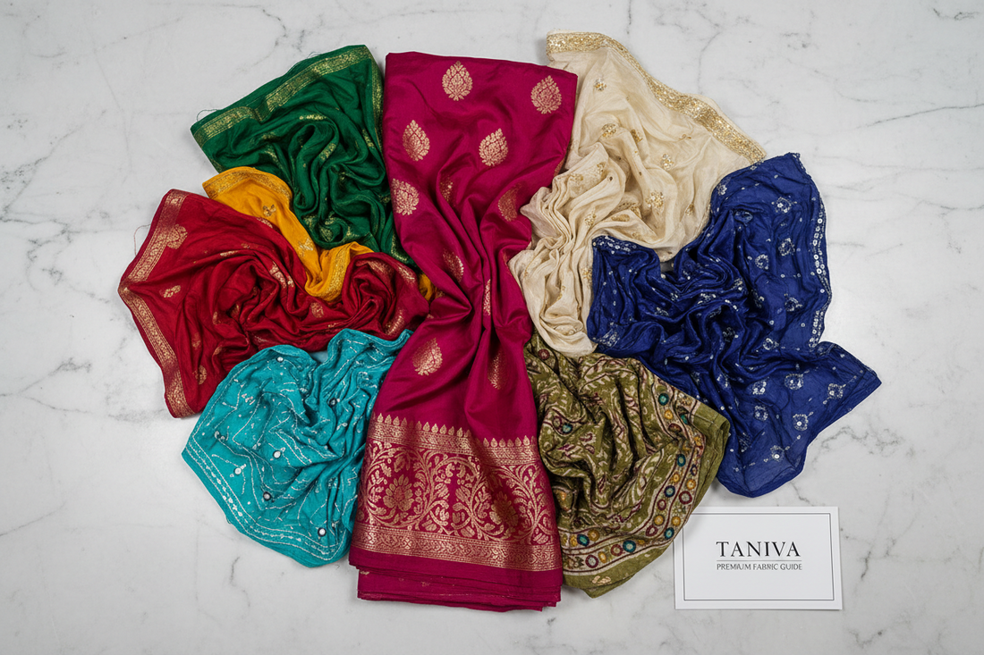 Colorful dupatta fabrics including Banarasi, Chanderi, Patola, and cotton varieties displayed
