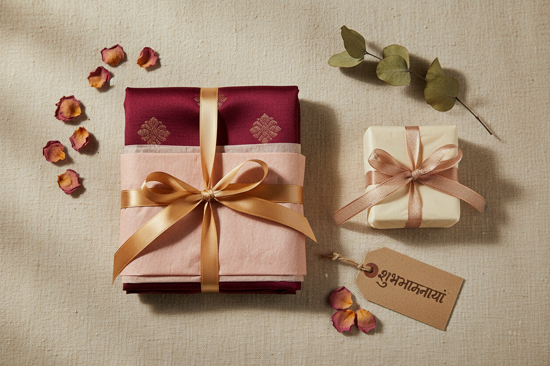 How to gift wrap ethnic wear beautifully — silk stole in tissue paper with gold ribbon and handwritten note by Taniva