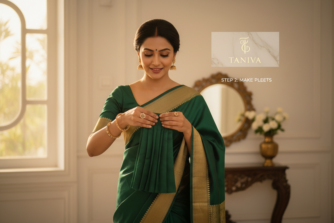 Step by step saree draping guide for beginners — elegant Nivi drape by Taniva