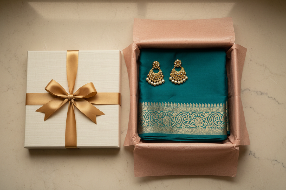The Taniva Signature Gift Box — curated ethnic gift with Banarasi dupatta and gold jhumkas, under ₹999 and ₹1,499