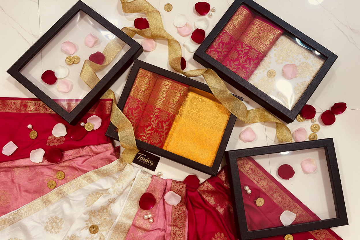 Multiple elegant, square gift boxes containing colorful silk stoles with flower petals.