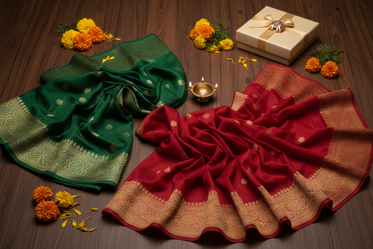 Diwali 2026 ethnic outfit and gifting guide — Georgette saree, Banarasi dupatta and gift box by Taniva