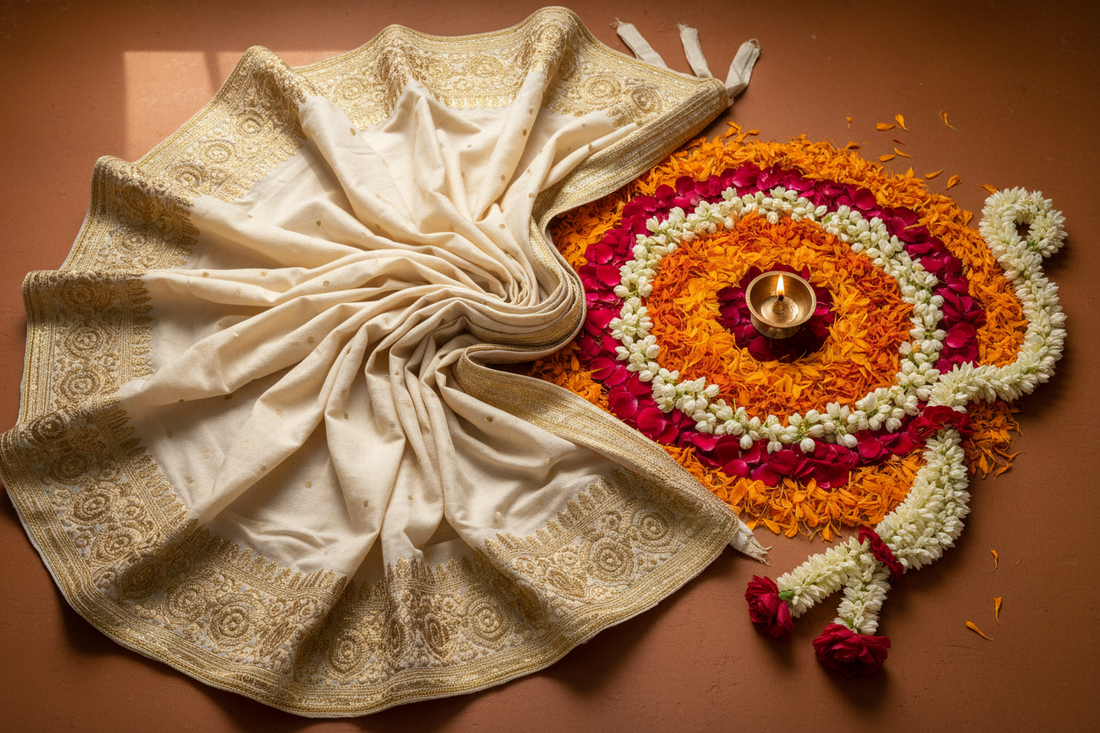 Onam 2026 traditional Kerala ethnic look — cream and gold dupatta with pookalam flowers by Taniva