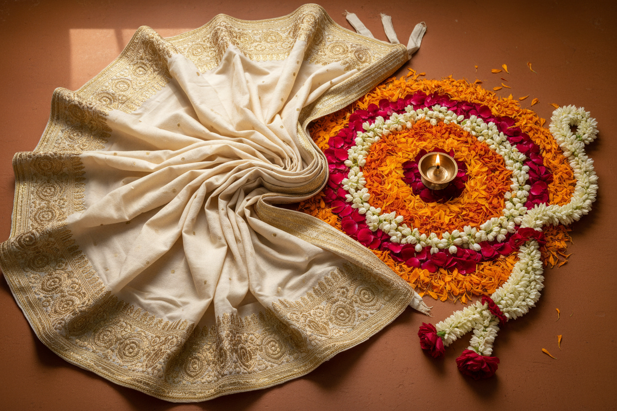 Onam 2026 traditional Kerala ethnic look — cream and gold dupatta with pookalam flowers by Taniva