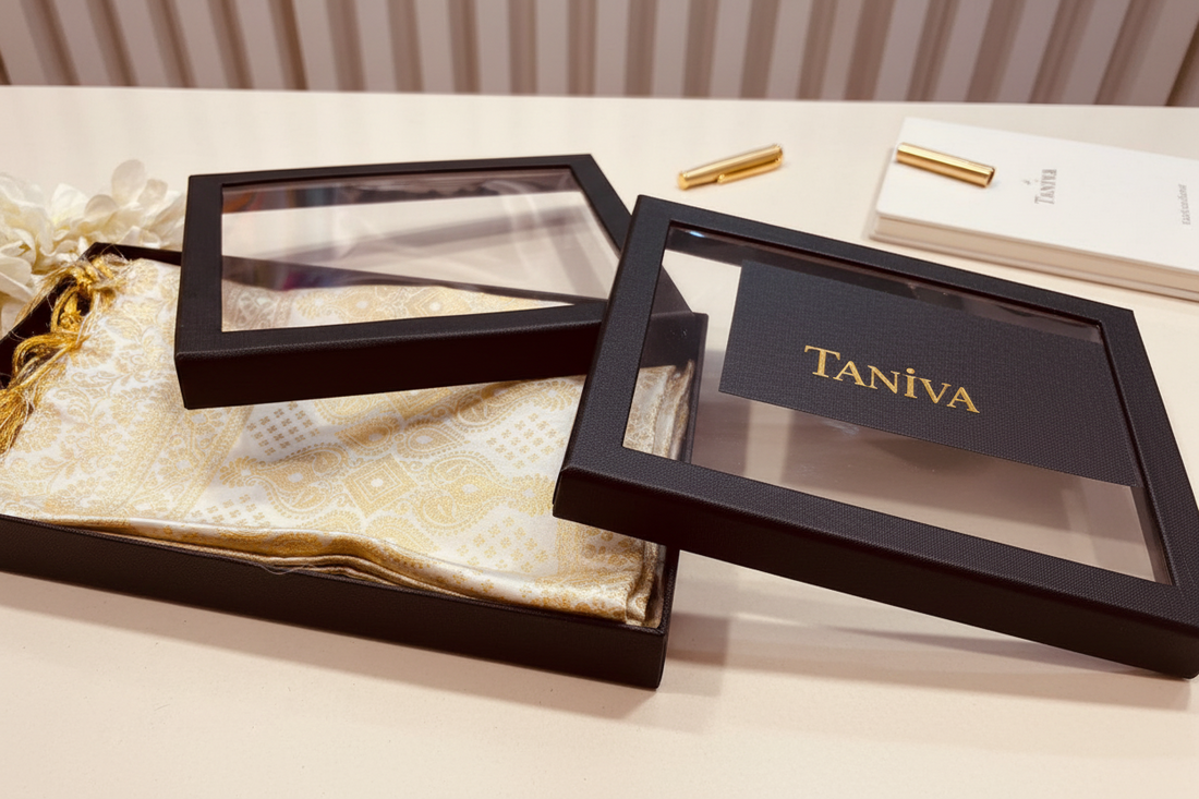 Two elegant black corporate gift boxes showcasing premium, folded silk stoles.