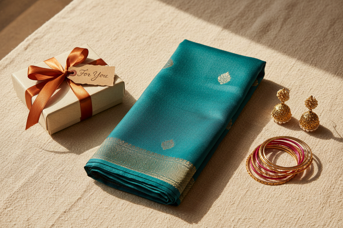 Ethnic gifts under ₹999 — silk stole, earrings, bangles and gift box by Taniva